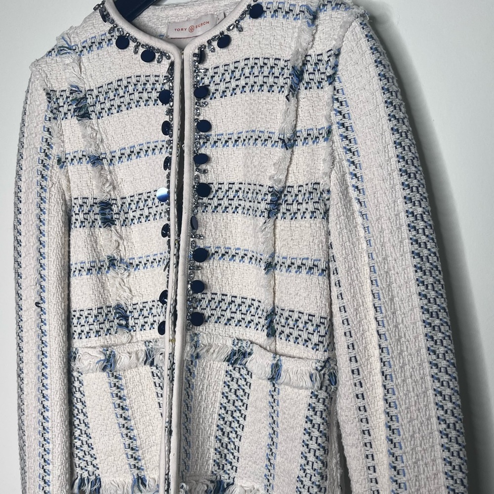 Tory Burch Abbot Embellished Striped Tweed Jacket XS - Picture 3 of 6